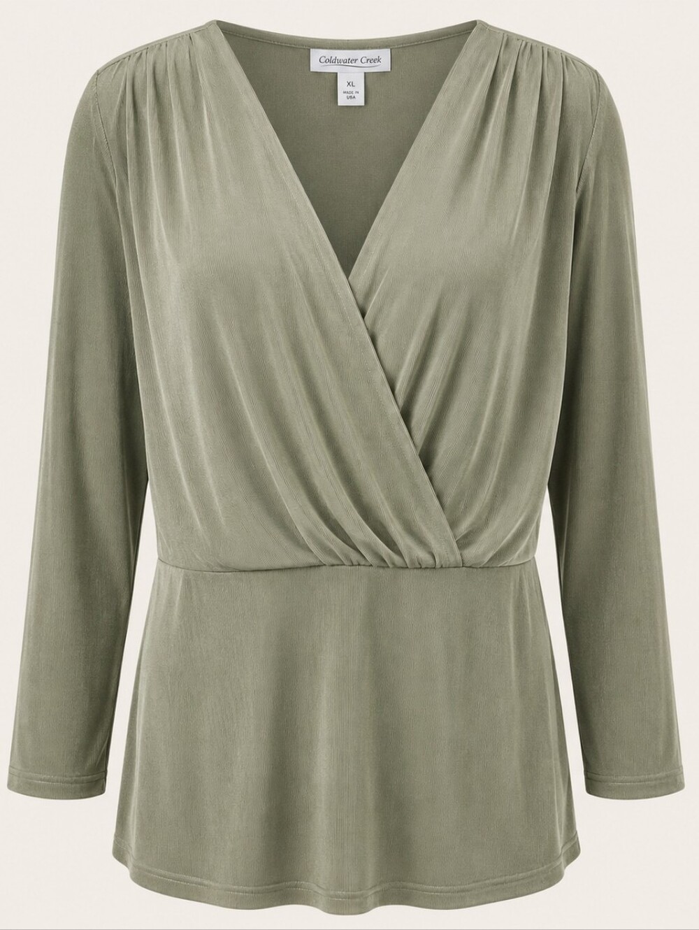 COLDWATER CREEK | Neutral Slinky Olive Green Ribbed Lagenlook Drape Top | XL
